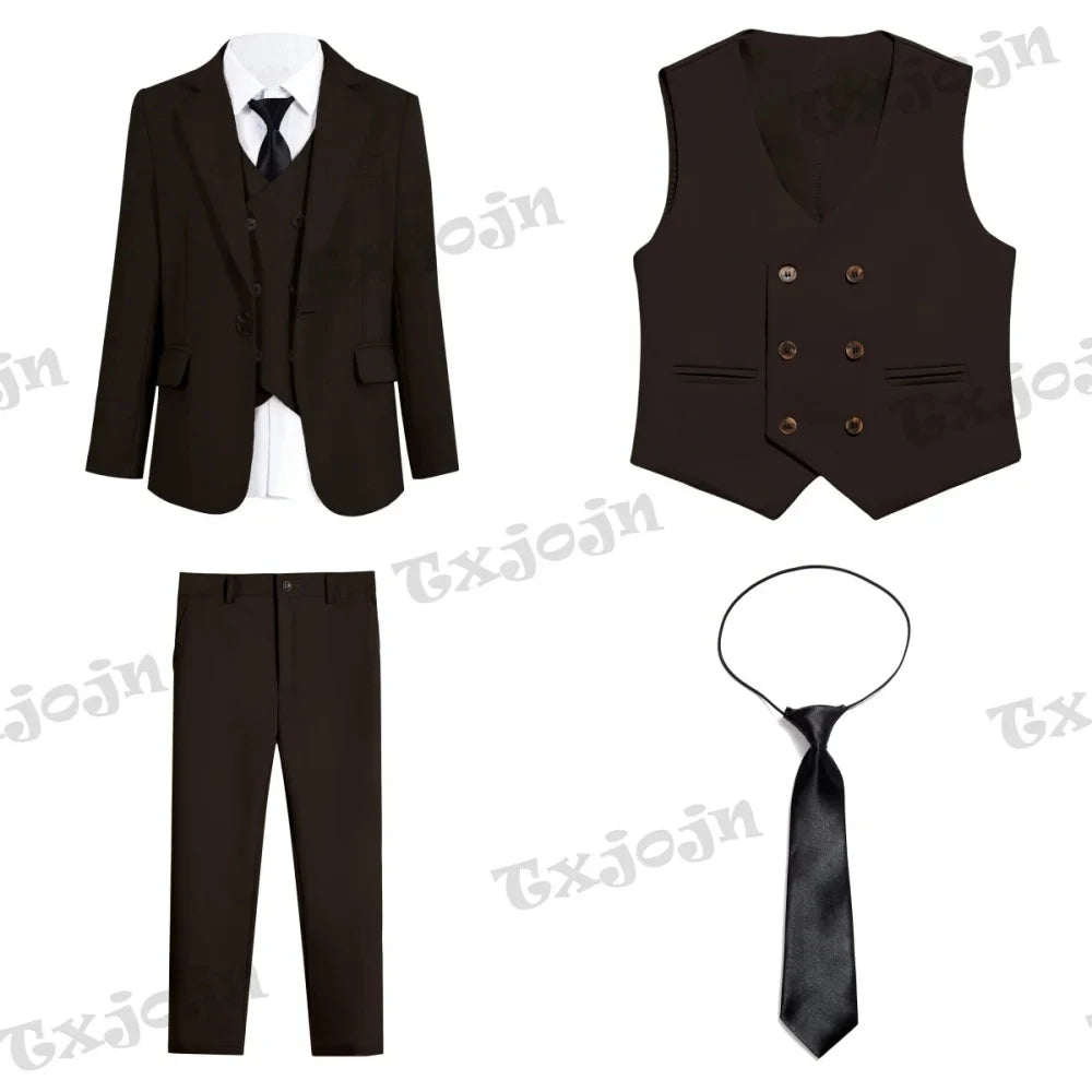 Children's brown tuxedo set by Ansoff with shawl collar, one-button jacket, vest, shirt, and pants for boys aged 3-14 years.