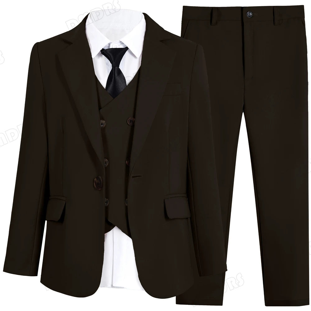 Children's brown tuxedo set by Ansoff, includes a shawl neck jacket, shirt, pants, and vest for boys aged 3-14 years, ideal for weddings.