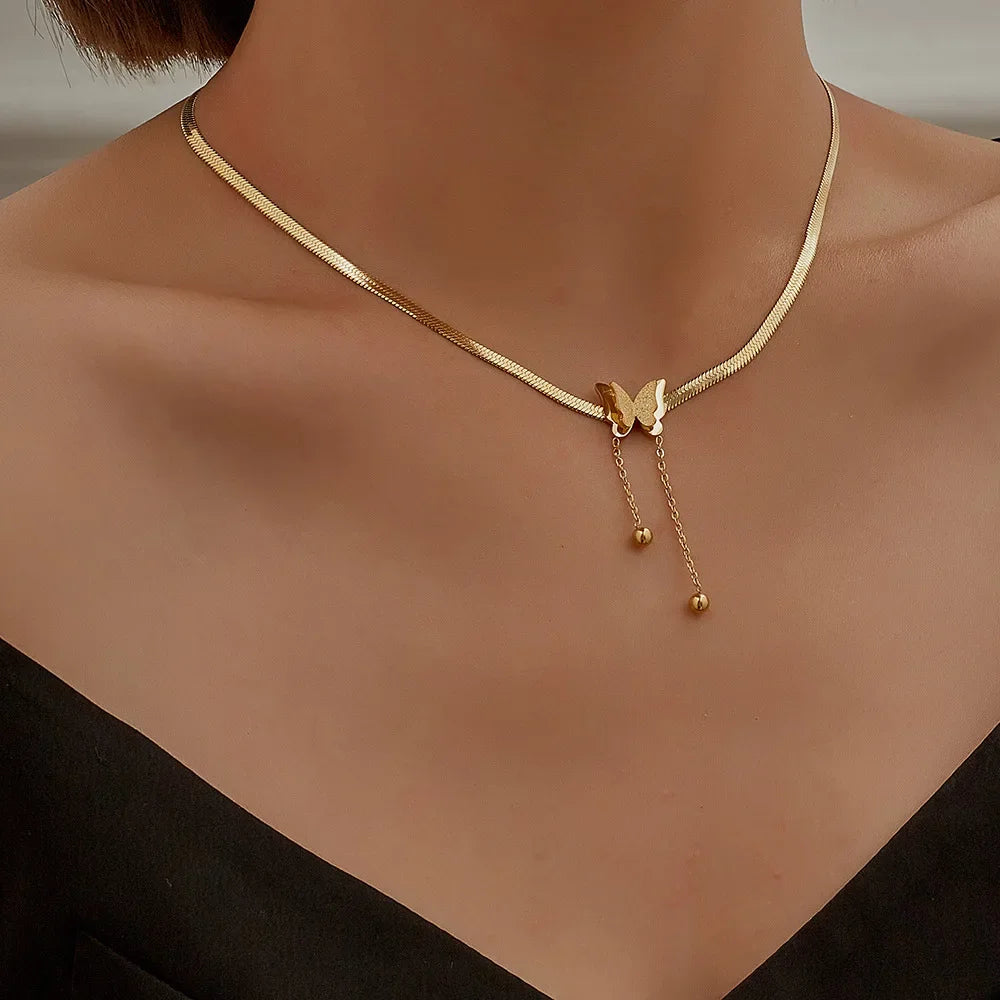 Vintage Butterfly Necklace Women Golden Stainless Steel Blade Snake Chains Aesthetic Charms Choker Women jewelry Gift To Mujer - Acros