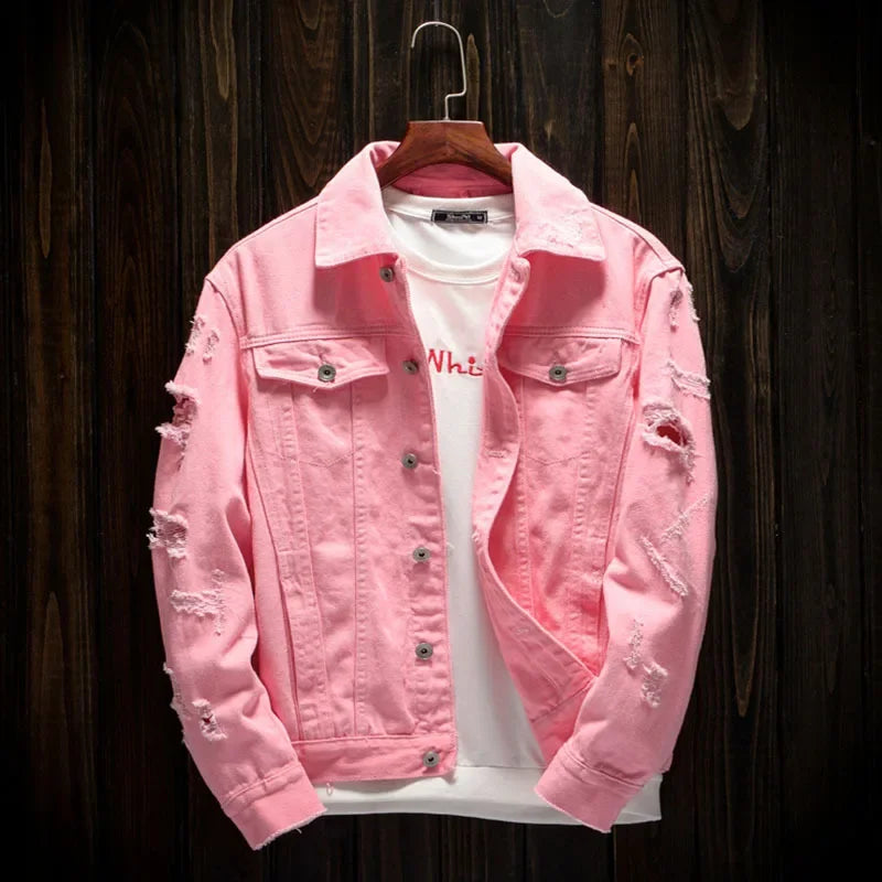 Men's slim fit denim jean jacket by Ansoff, red, white, and black cotton jacket with ripped holes and streetwear style.