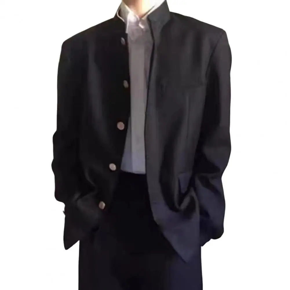 Ansoff men's Japanese-style school uniform suit coat with stand-up collar, single-breasted design, flap pockets, formal tunic jacket