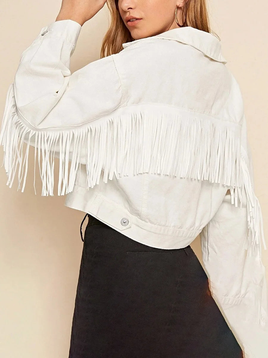 Women’s lightweight casual crop denim jacket by Ansoff with long sleeves, tasseled hem, and button front for streetwear style.