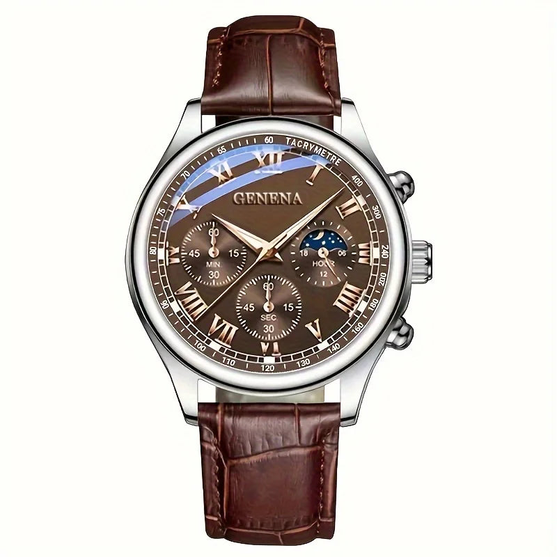 GENEVA High Quality Men's Luxury Belt Fashion Quartz Watch Men Round Business Student Sport Waterproof Glow Clock - Acros
