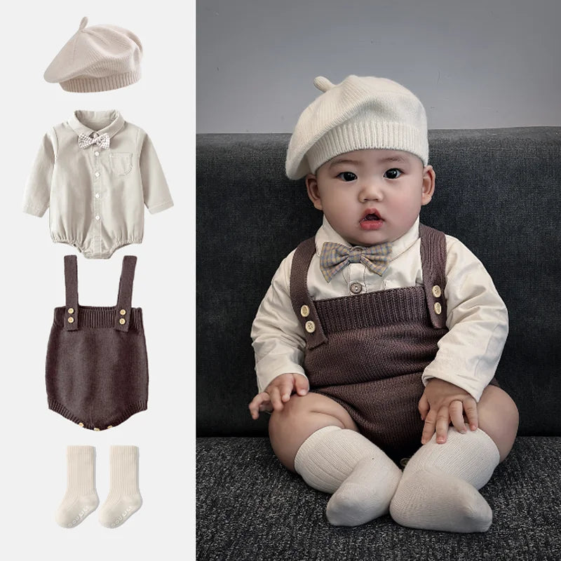 Newborn Baby Romper + Knitting Overalls + Hat + Socks 4pcs Clothing Set Spring Autumn Boy Infant Toddler Jumpsuit Clothes