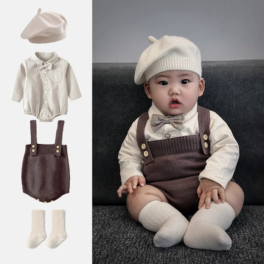Newborn Baby Romper + Knitting Overalls + Hat + Socks 4pcs Clothing Set Spring Autumn Boy Infant Toddler Jumpsuit Clothes