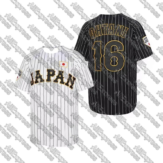 White baseball jersey with black stripes featuring Japan No. 16 Ohtani, Samurai style, 3D printed high-quality outdoor sports T-shirt.