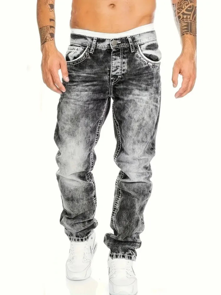 Men's vintage wash denim jeans by Ansoff, slim fit elastic trousers with autumn style, suitable for streetwear fashion.