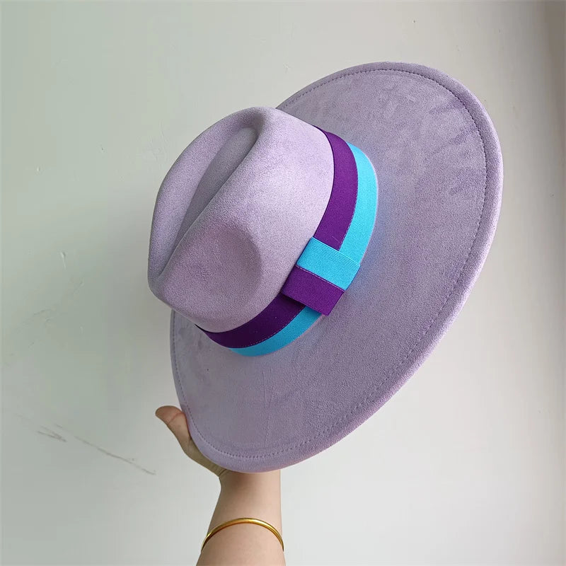 Colorful suede wide-brim felt hat for women and men, featuring a colorblock ribbon, in British retro style for autumn and winter.