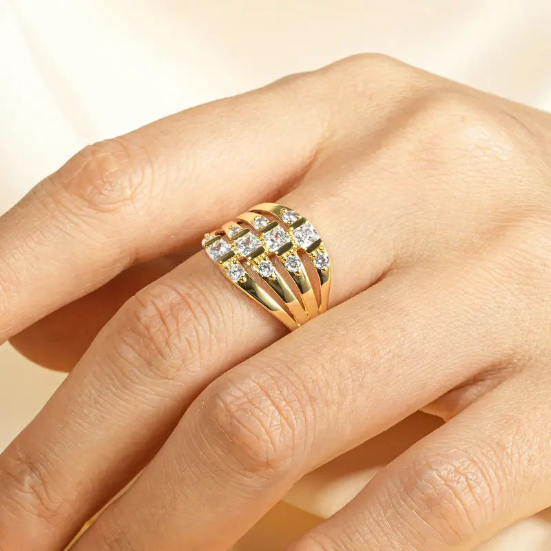 Rrjzz Luxury 14k Gold Plated Gemstone Ring Bagguete Radiand Cut CZ Simulated Diamond Rings for Women Men Finger Jewelry Gifts