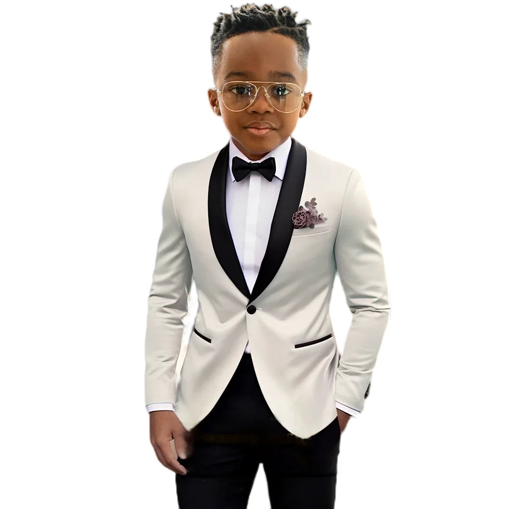 Children's slim fit tuxedo suit with shawl lapel and one button, including jacket and pants, perfect for formal weddings and parties.