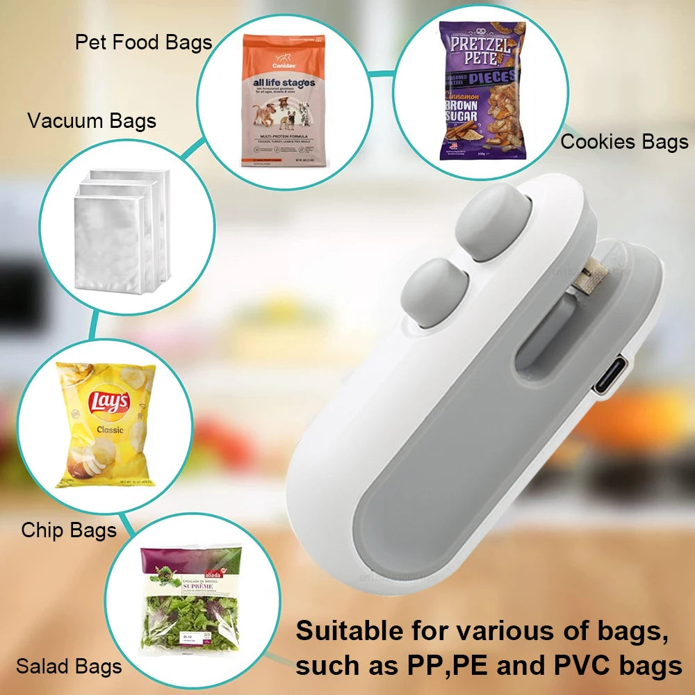 Ansoff mini heat bag sealing machine with sealing clips for plastic food bags, handheld food packaging heat sealer.