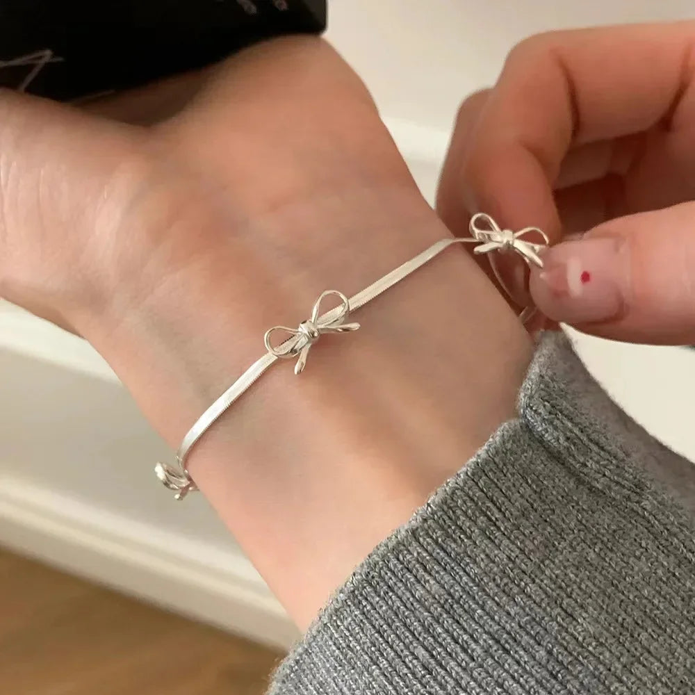 LATS Fashion Sweet Bow Bracelets for Women Girls Sparkling Delicate Ribbon Bowknot Snake Bones Chain Bracelet Party Jewelry Gift - Acros