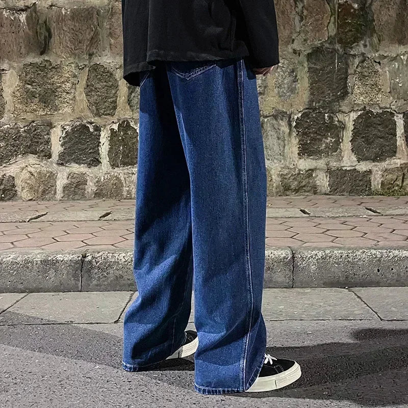 Men's loose streetwear jeans by Ansoff, Korean style wide-leg straight pants in black and light blue denim.