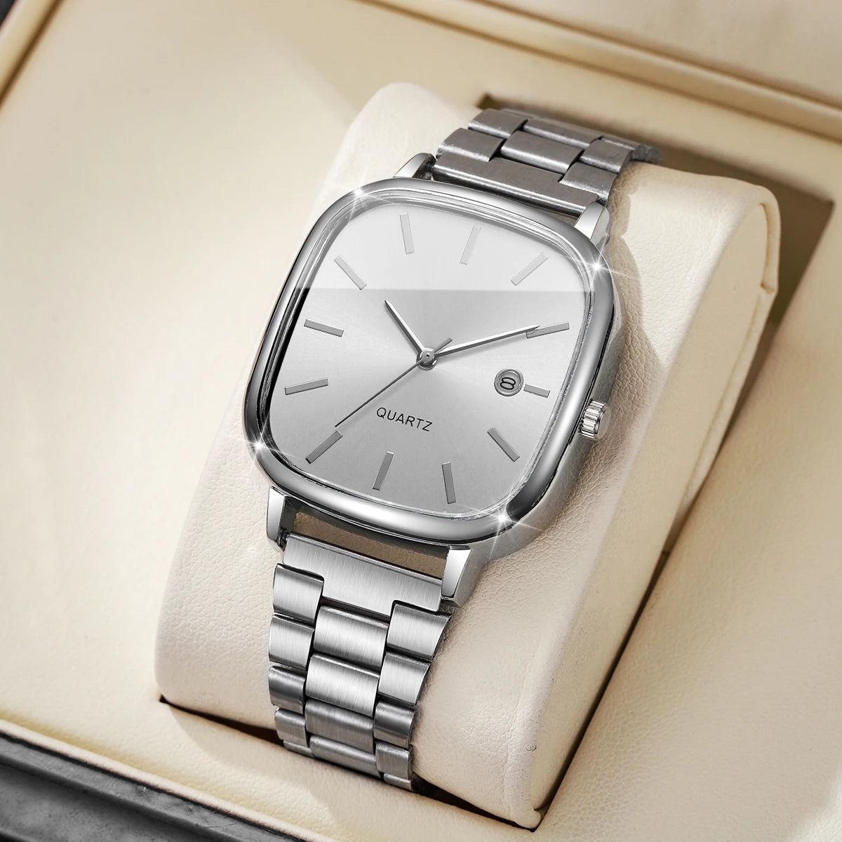 Ansoff men's square business watch with analog display, calendar, quartz movement, and sleek black strap on a white background.