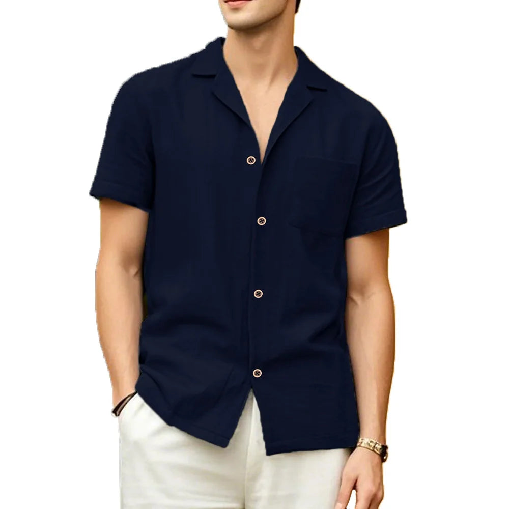 Men's breathable short-sleeved casual shirt by Ansoff, solid color, loose fit, ideal for summer beach vacation style.