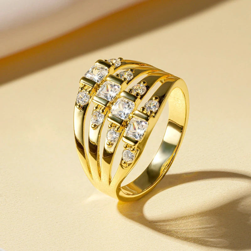Rrjzz Luxury 14k Gold Plated Gemstone Ring Bagguete Radiand Cut CZ Simulated Diamond Rings for Women Men Finger Jewelry Gifts