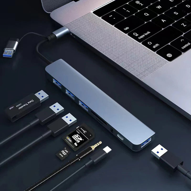 Ansoff 8-in-2 USB and Type C hub docking station with 3.5mm audio jack, micro SD card reader, for laptops, tablets, and phones.