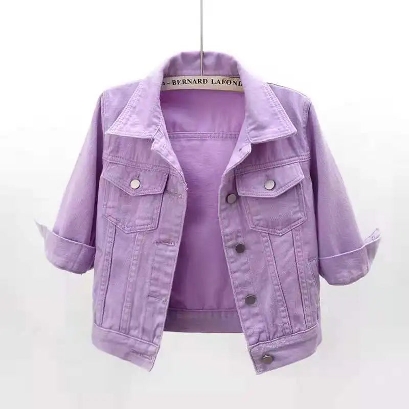 Ansoff women's pink and purple denim jacket, casual spring and autumn short coat with loose fit and colorful outerwear style.
