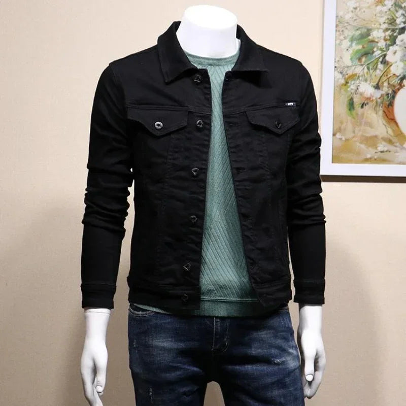 Ansoff men's black denim jacket with button closure, slim fit, stylish winter outerwear for autumn, high-quality men's jean coat