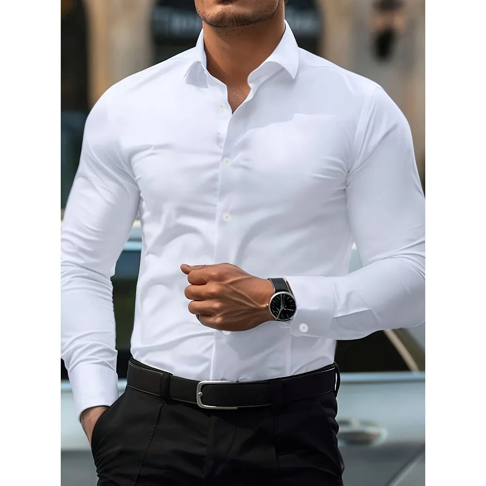 Men's solid color long sleeve smart casual shirt by Ansoff, versatile four-season business shirt with elastic fabric.