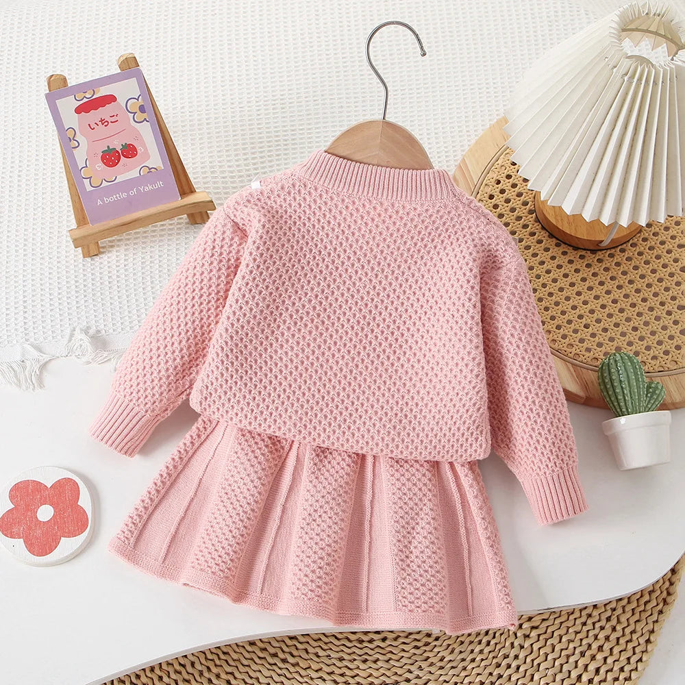 Children's Clothing Sets Bunny Embellished Knitted Top + Pleated Skirt Winter Baby Girl Clothes Kids Knitwear Sweater