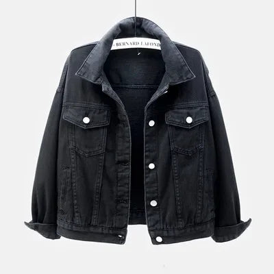 Ansoff classic denim jacket for women, oversized boyfriend style in purple, white, and yellow with casual loose fit and button details.