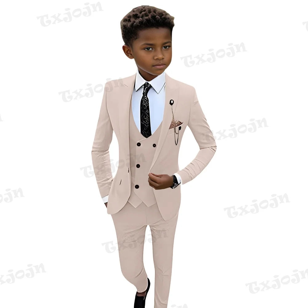 Colorful kids suit set with blazer, vest, pants, and tie in vibrant hues, perfect for children aged 3-14 for special occasions.