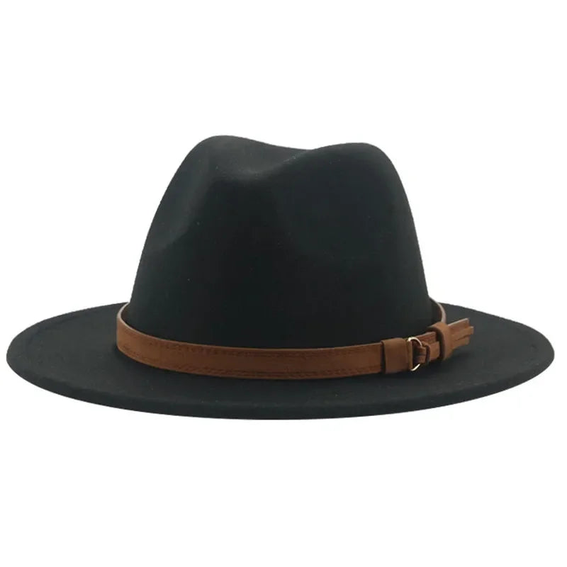Ansoff fedora hat for women and men with wide brim, solid khaki and black colors, featuring band and belt, suitable for formal winter wear.