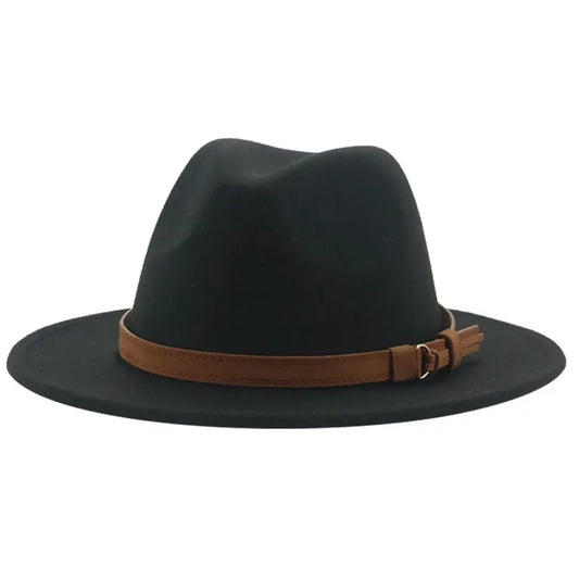 Ansoff fedora hat for women and men with wide brim, solid khaki and black colors, featuring band and belt, suitable for formal winter wear.