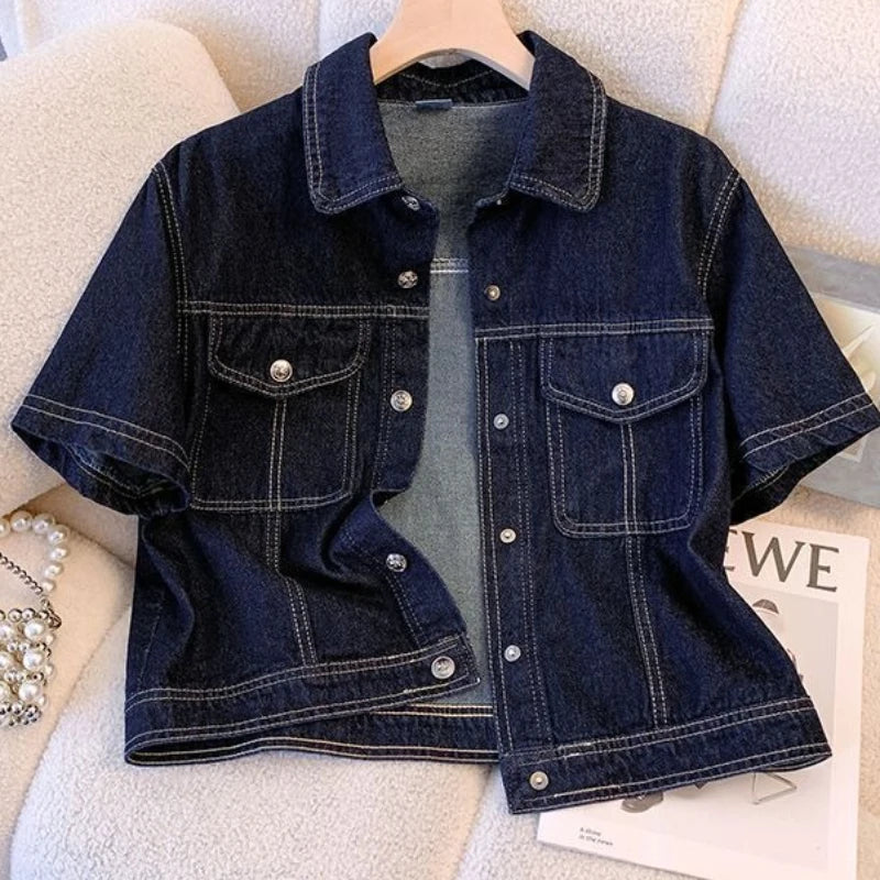 Women's denim jacket by Ansoff, short sleeve streetwear summer jean jacket with vintage retro style and cropped design.