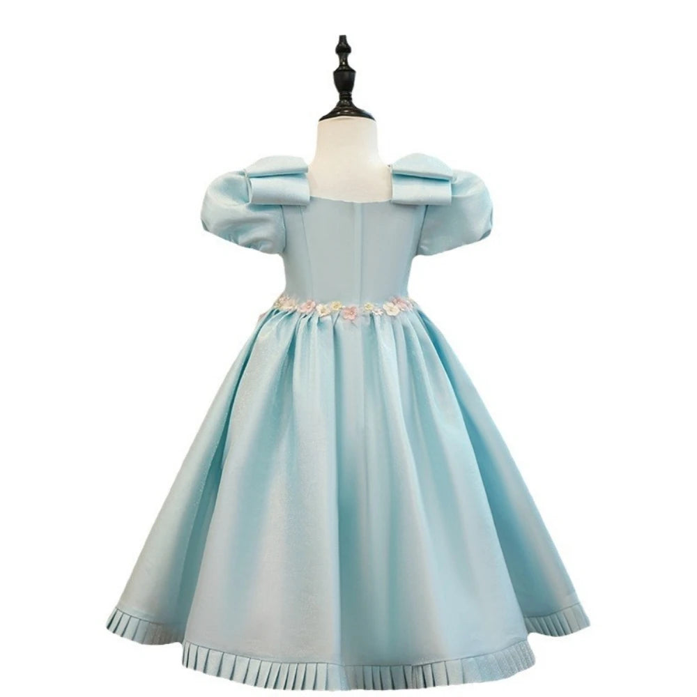 Light blue square neck puff sleeve A-line dress for girls by Ansoff, featuring beads, perfect for parties and performance activities.