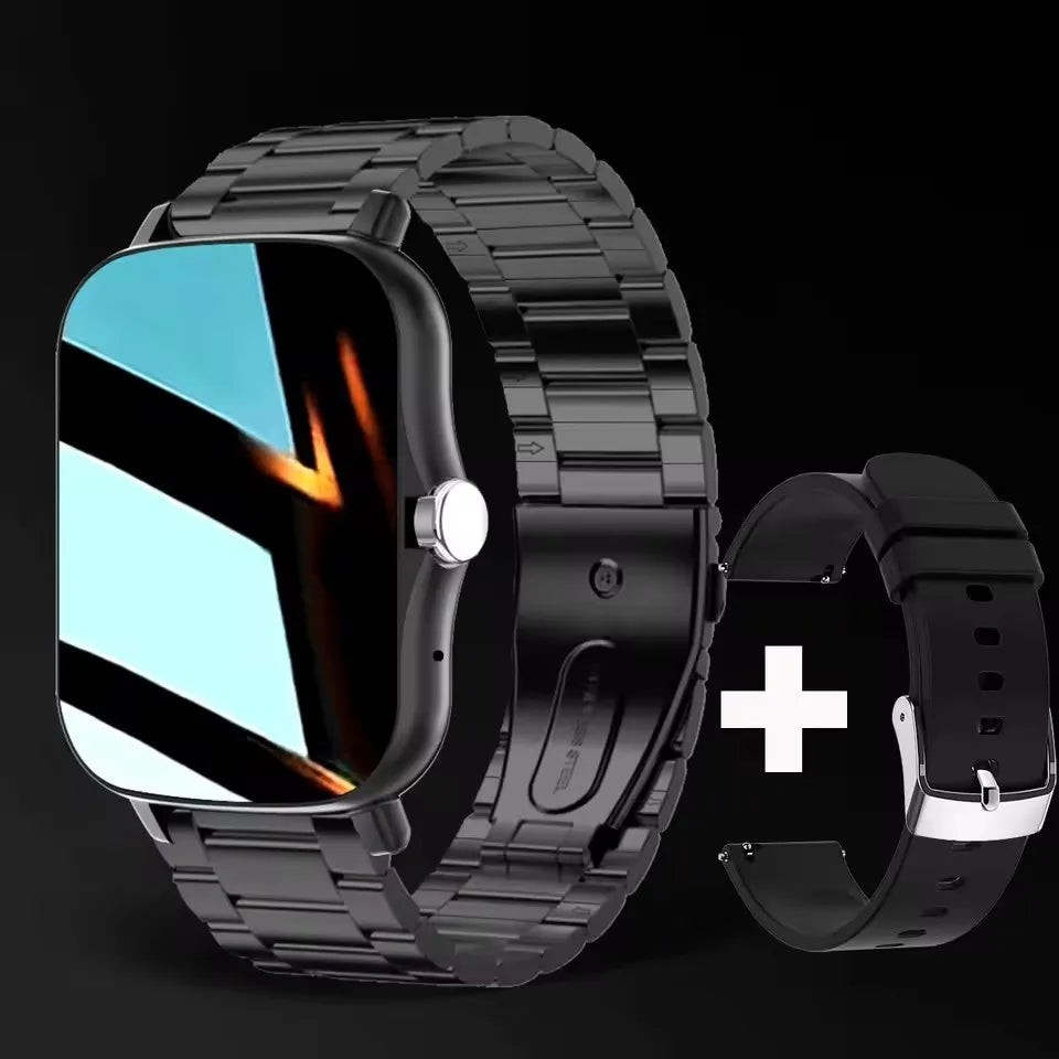Ansoff Smart Watch with 2.01-inch HD display showing weather forecast, message preview, and sport modes, worn on a man's wrist.