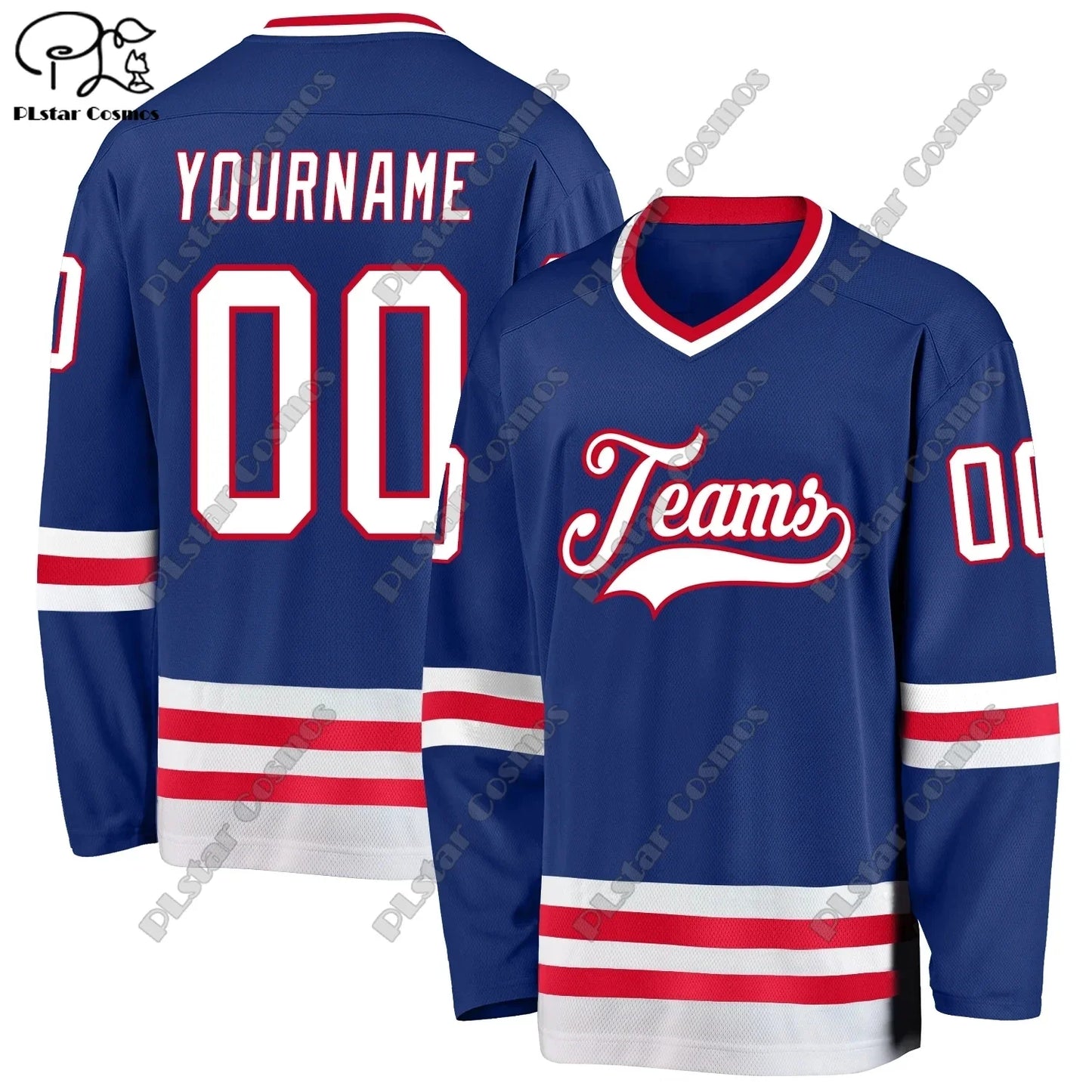 Colorful Ansoff hockey jersey with V-neck, long sleeves, personalized 3D printed design, casual sweatshirt style.
