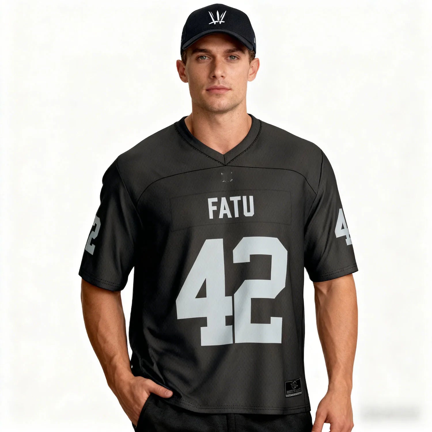Men's black Jacob Fatu football jersey by Ansoff, stylish, loose fit, breathable, sweat-absorbing sportswear for outdoor activities.