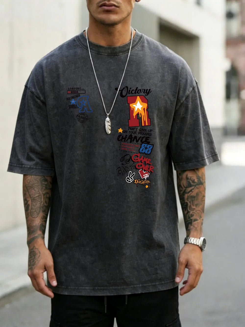Mens oversized cotton sports letter jersey print T-shirt with short sleeves, washed finish, O-neck, casual summer top by Ansoff.