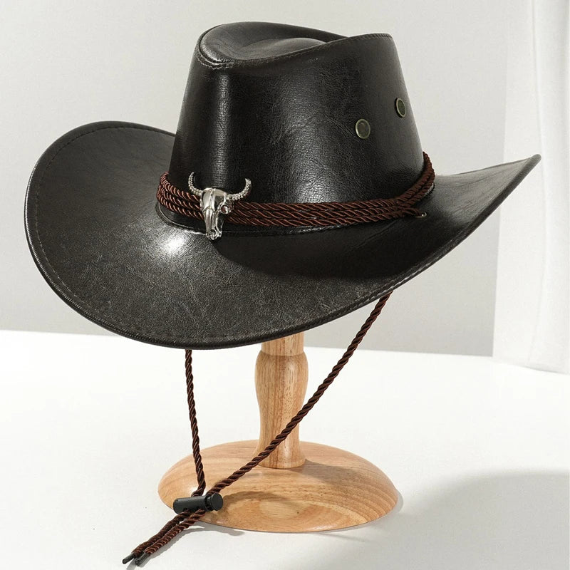 Vintage faux leather cowboy hat by Ansoff, featuring a classic western style with a wide brim, suitable for men and women outdoor wear.