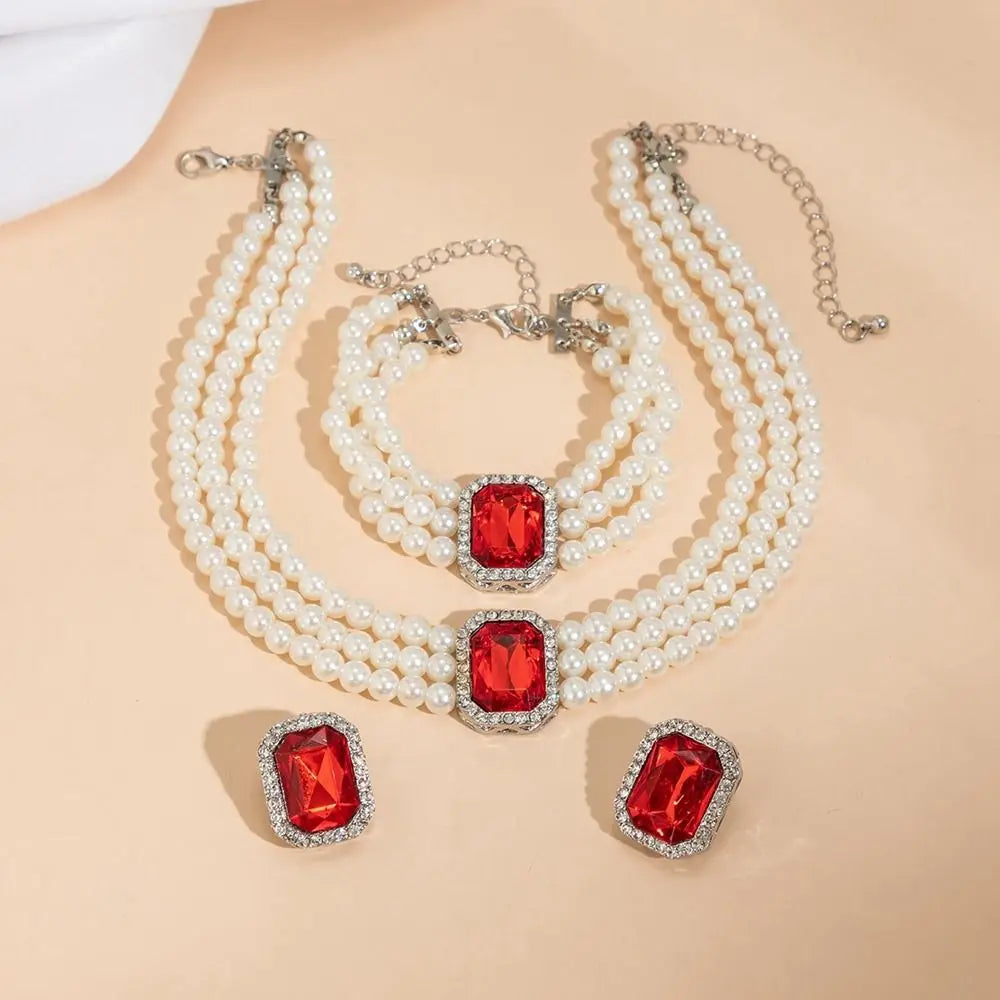 Rhinestones Pearl Jewelry Sets Multi-layer Bead Necklace Bracelet Earring Set Luxury Imitation Gem Bridal Jewelry Sets Party