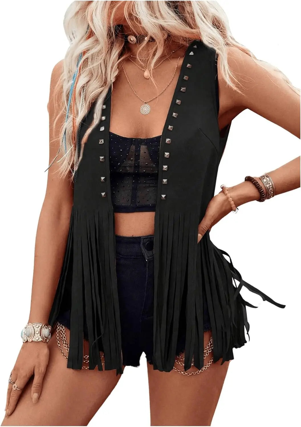 Women’s vintage faux suede fringe vest by Ansoff, featuring rivets, leather accents, tassels, open front, boho western style.