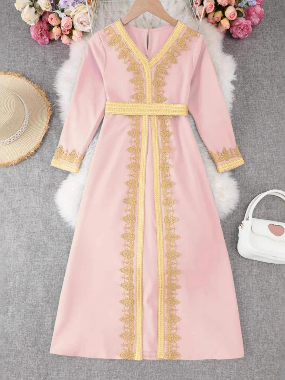 Girls blue Muslim dress by Ansoff with gold lace embroidery, long Moroccan kaftan style, V-neck, and matching belt for Eid celebrations.