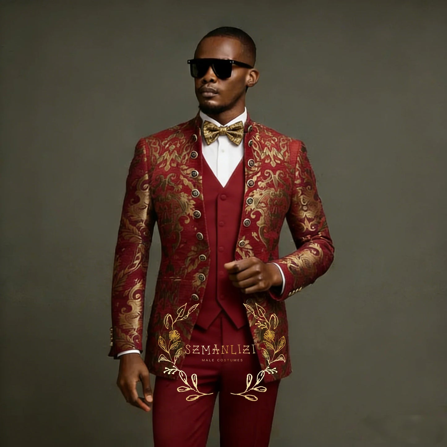 Men's formal suit set by Ansoff featuring a jacquard blazer, vest, and slim-fit pants for weddings and special occasions.