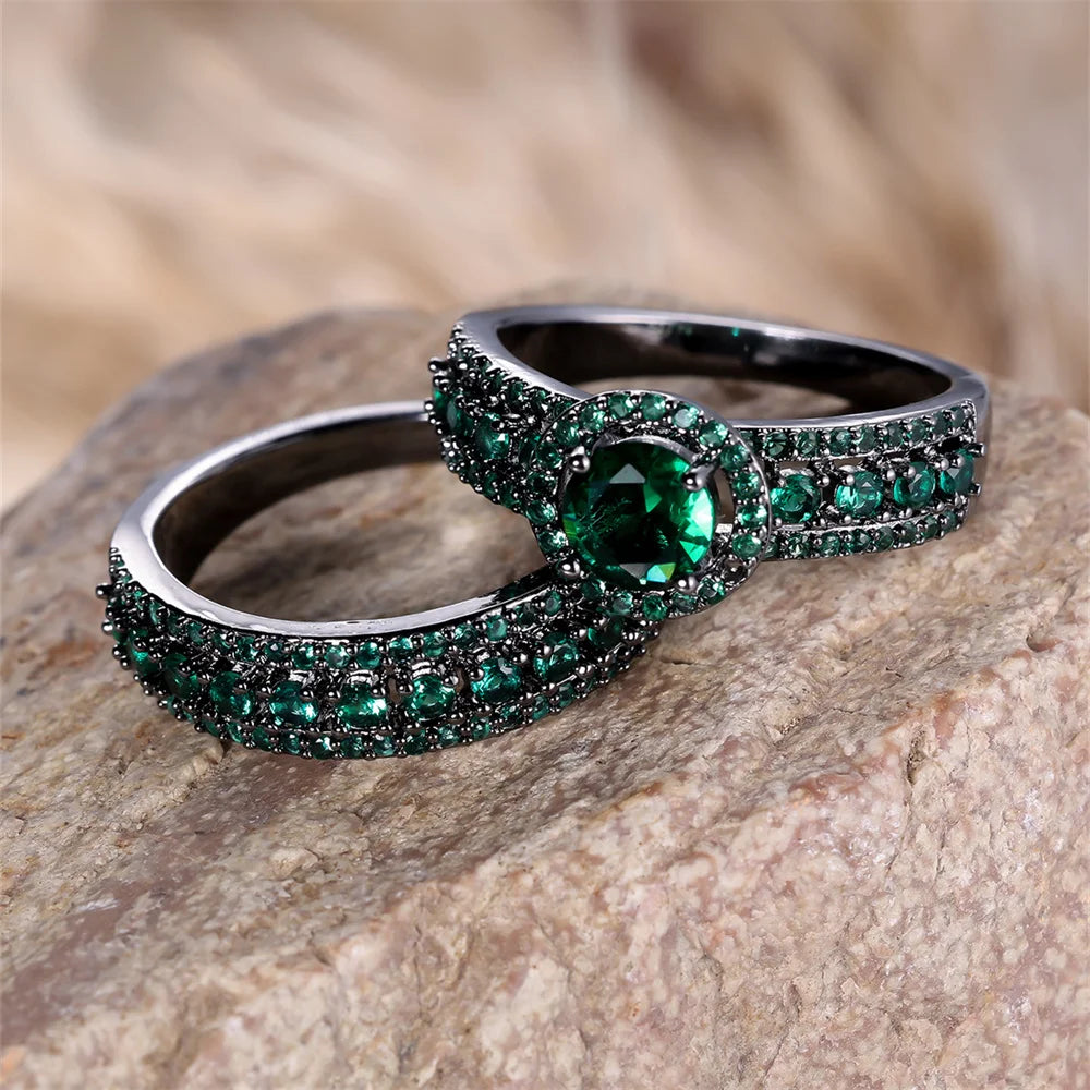 Luxury Crystal Round Stone Ring Set Green Zircon Engagement Double Rings For Women Vintage Black Metal Wedding Jewelry Sets Gift