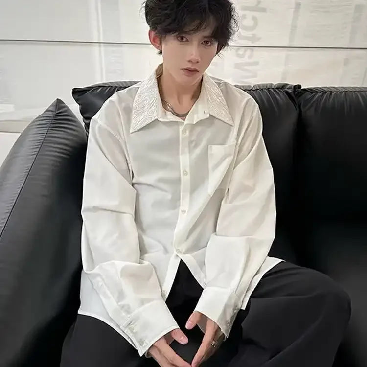 Men's satin shirt with embellished collar by Ansoff, featuring a smooth fabric and decorative collar detail.