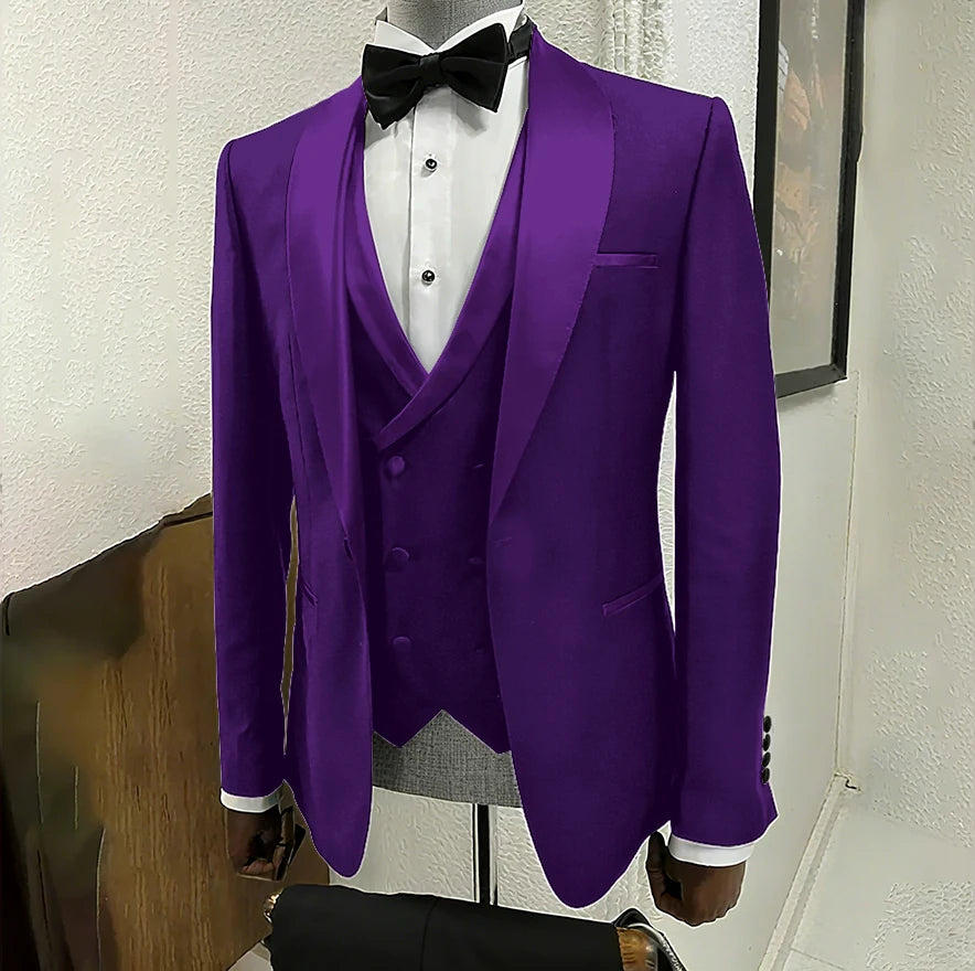 Men's black 3-piece tuxedo by Ansoff, featuring shawl lapel, one-button jacket, ideal for weddings, formal events, and parties.