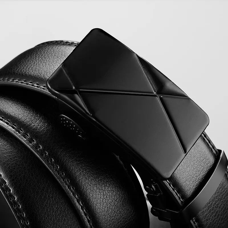 Men's black leather belt with metal automatic buckle by Ansoff, featuring a high-quality PU strap for work and business occasions.