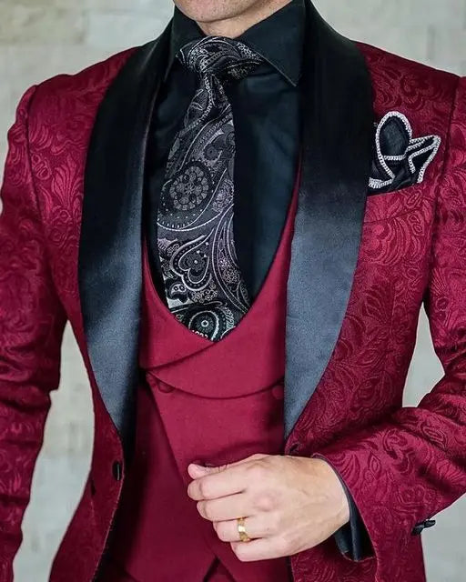 Men's black Italian design wedding tuxedo suit by Ansoff, including jacket, vest, and pants for groom, 2023 custom 3-piece set.