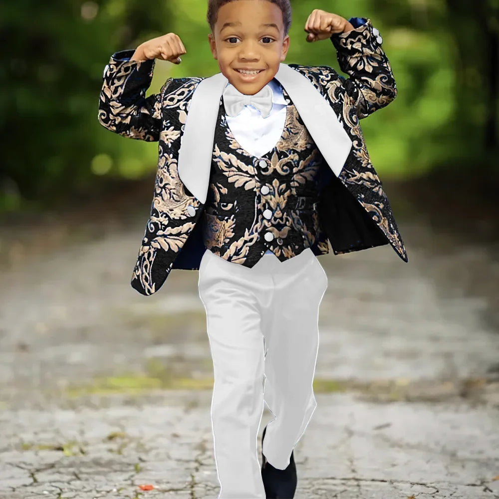 Boy's slim fit jacquard tuxedo suit with three-piece design, ideal for weddings and celebrations, by Ansoff.
