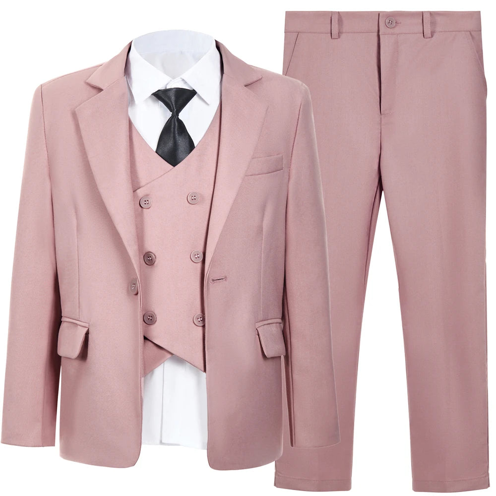 Boy's brown tuxedo set by Ansoff, includes shawl collar suit, shirt, vest, and pants for children ages 3-14, suitable for weddings and parties.