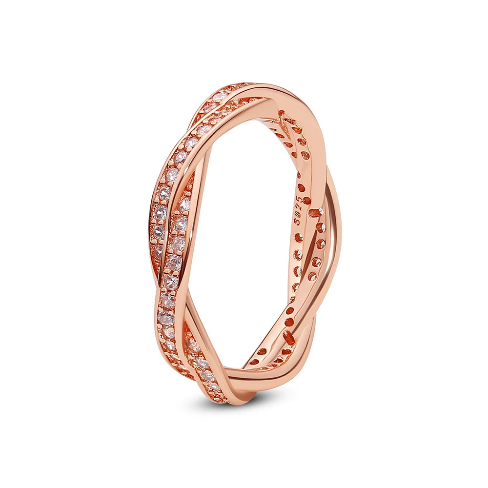 Sterling silver women's ring with crown, love heart, wishbone design, rose gold accents, crystal details, luxury jewelry by Ansoff