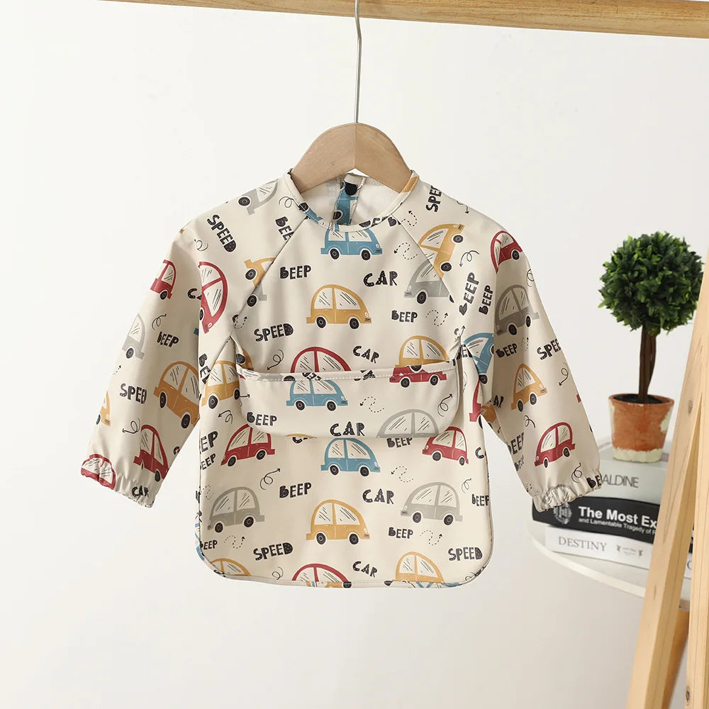 Ansoff infant feeding bibs for children, long sleeve printed art smock with waterproof material, pocket, suitable for boys and girls.