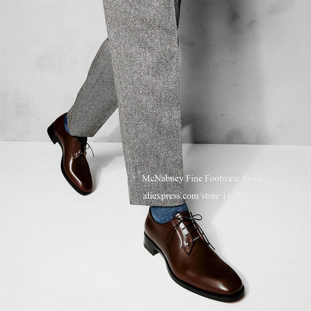 Leather Derbys Dress Shoes Metal Lace Tips Oxfords Square Toe Lace Up Business Wedding Formal Shoes for Men Comfortable Footwear